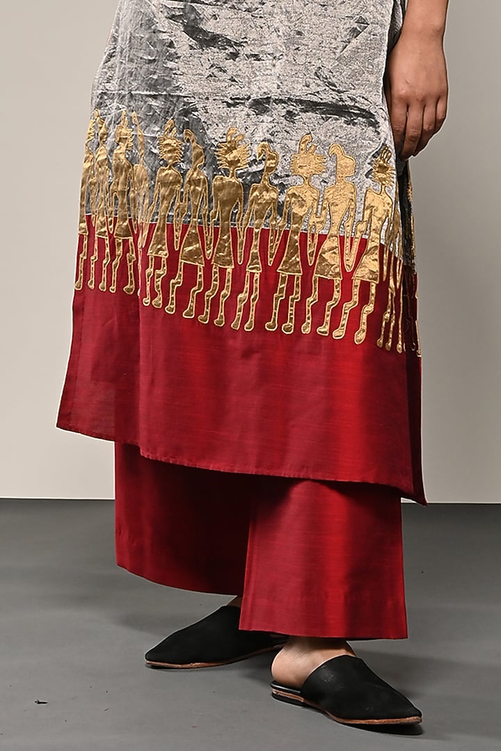 Silver Chanderi Tissue Applique Embroidered Tunic Set by TAIKA by Poonam Bhagat at Pernia's Pop Up Shop