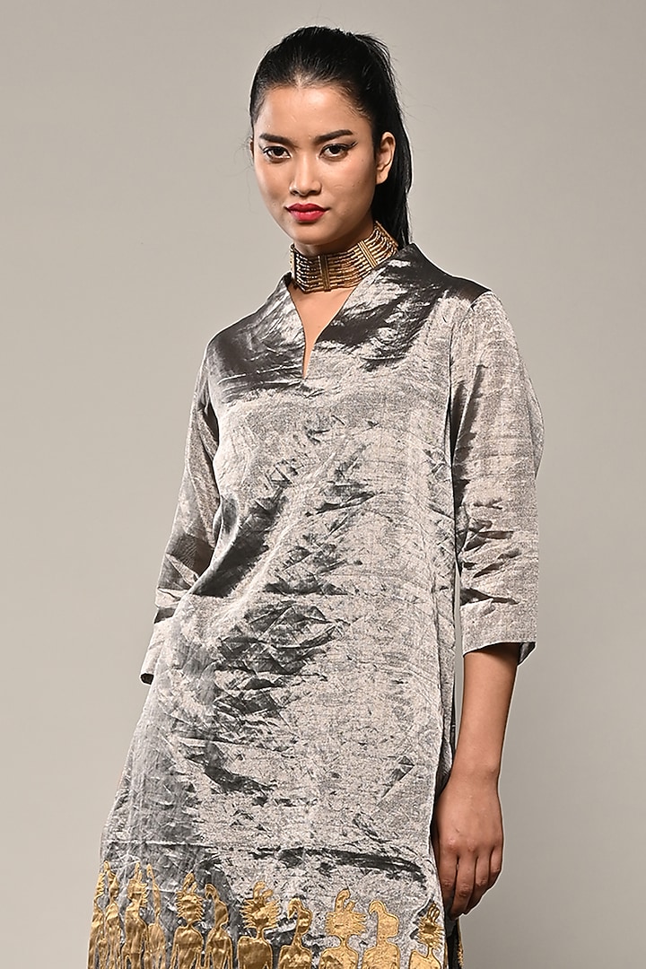 Silver Chanderi Tissue Applique Embroidered Tunic Set by TAIKA by Poonam Bhagat at Pernia's Pop Up Shop