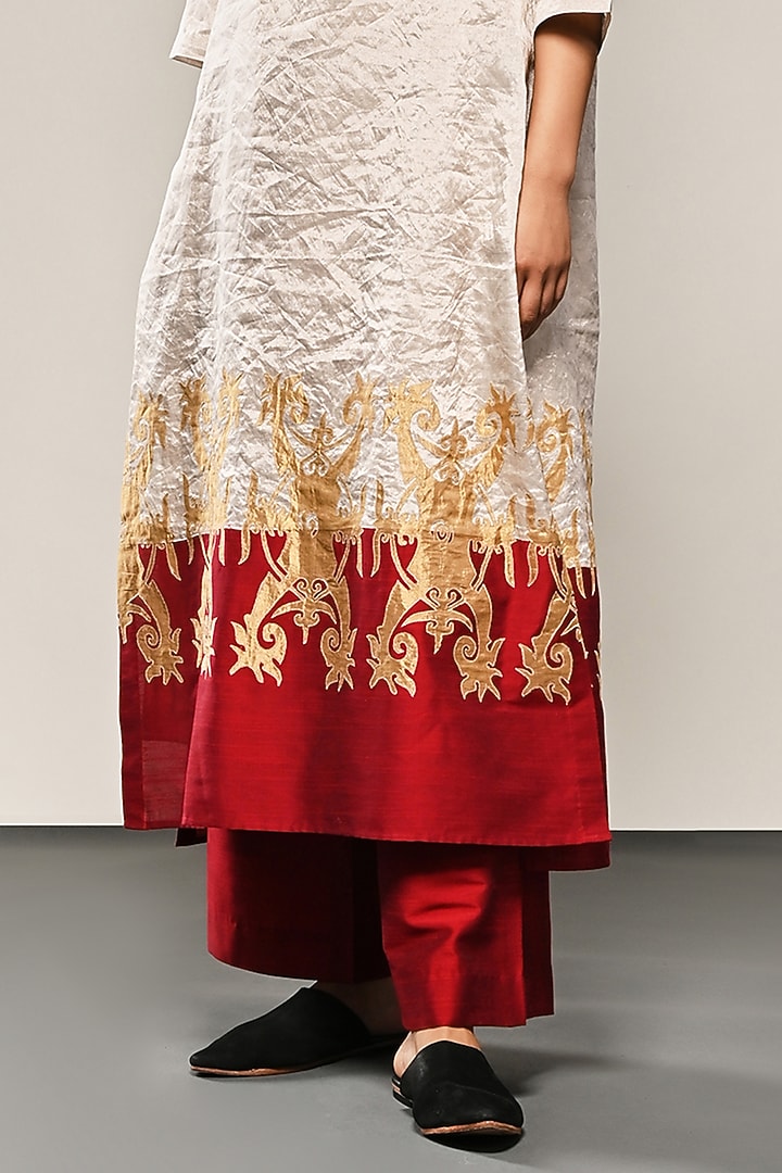 Pearl White Chanderi Tissue Applique Embroidered Tunic Set by TAIKA by Poonam Bhagat at Pernia's Pop Up Shop