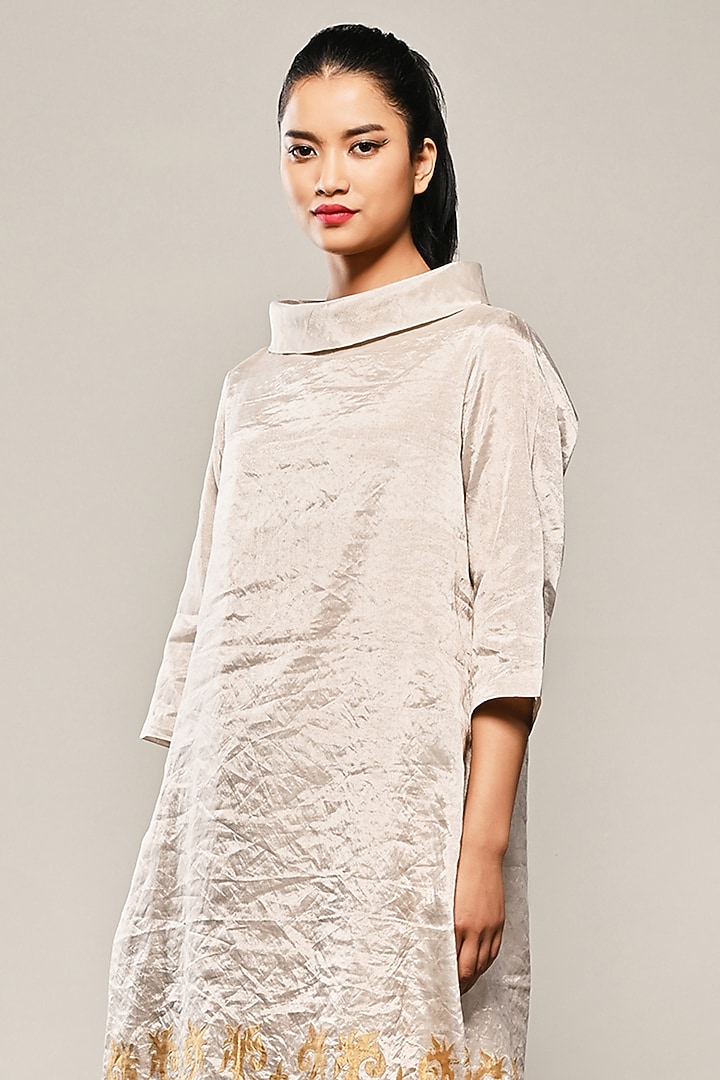 Pearl White Chanderi Tissue Applique Embroidered Tunic Set by TAIKA by Poonam Bhagat at Pernia's Pop Up Shop