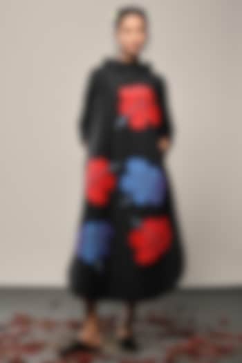 Black Cotton Silk Floral Applique Midi Dress by TAIKA by Poonam Bhagat