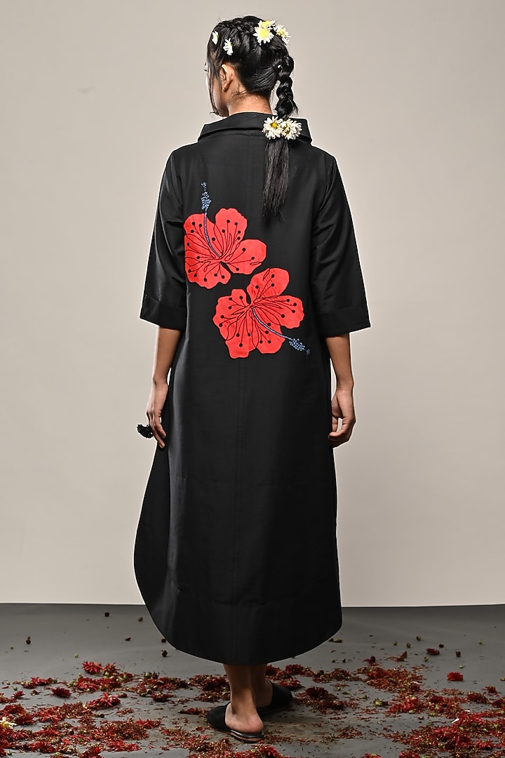 Black Cotton Silk Floral Applique Midi Vacation Dress by TAIKA by Poonam Bhagat at Pernia's Pop Up Shop