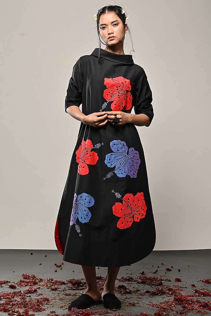 Black Cotton Silk Floral Applique Midi Vacation Dress by TAIKA by Poonam Bhagat at Pernia's Pop Up Shop