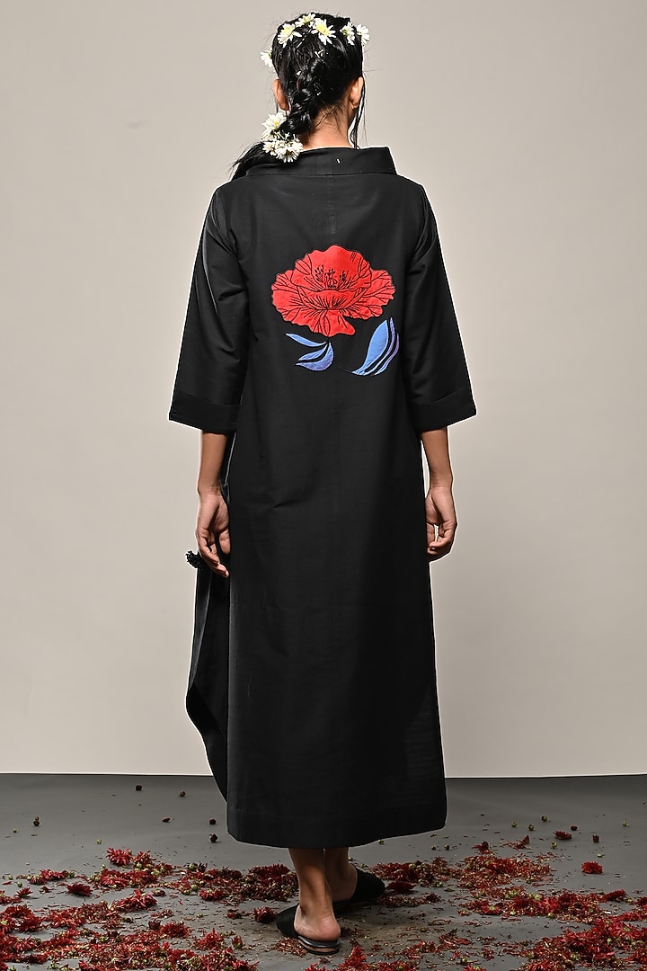 Black Cotton Silk Floral Applique Midi Vacation Dress by TAIKA by Poonam Bhagat at Pernia's Pop Up Shop