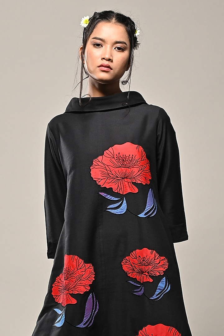 Black Cotton Silk Floral Applique Midi Vacation Dress by TAIKA by Poonam Bhagat at Pernia's Pop Up Shop