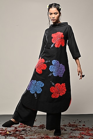Black Cotton Silk Floral Applique Tunic Set by TAIKA by Poonam Bhagat