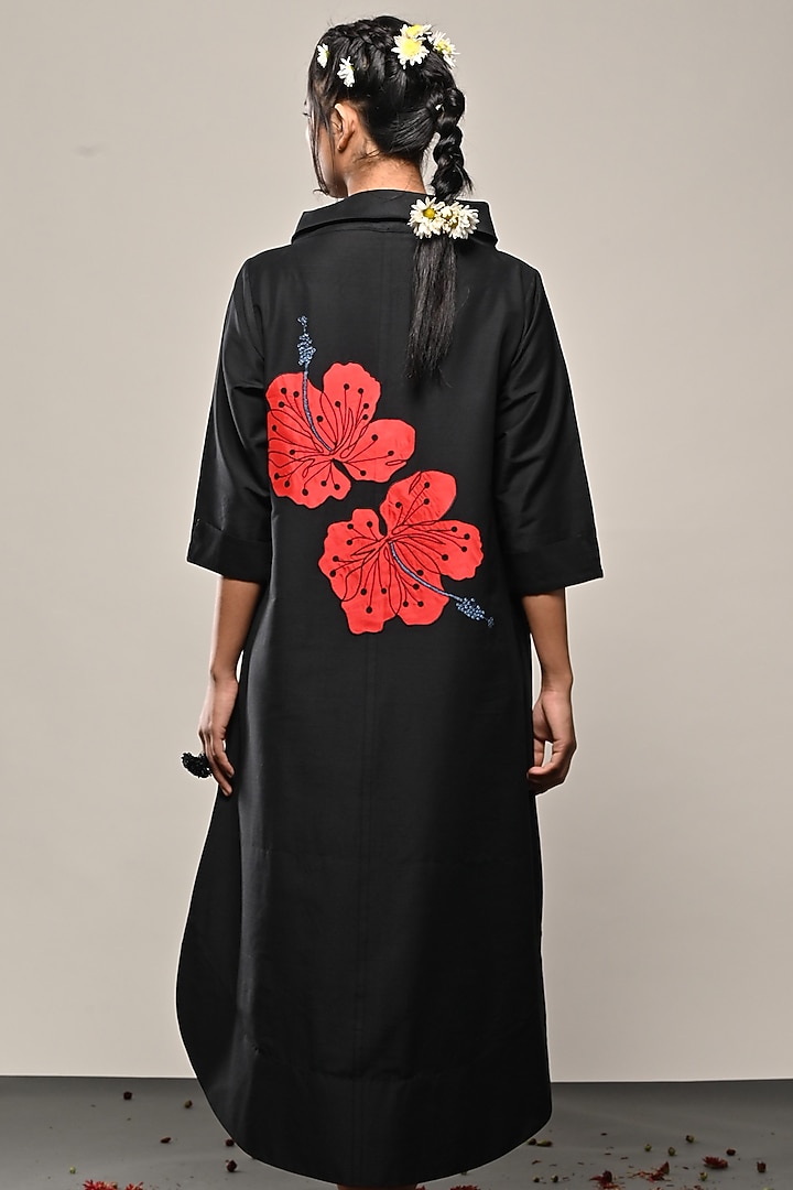 Black Cotton Silk Floral Applique Tunic Set by TAIKA by Poonam Bhagat at Pernia's Pop Up Shop
