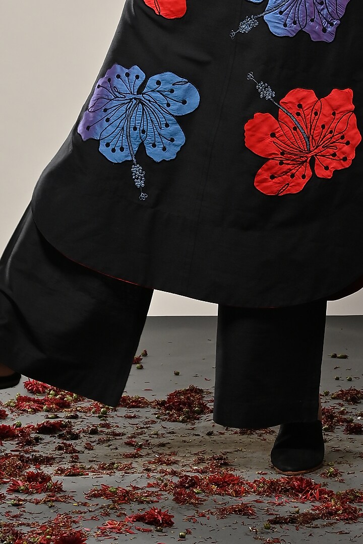 Black Cotton Silk Floral Applique Tunic Set by TAIKA by Poonam Bhagat at Pernia's Pop Up Shop