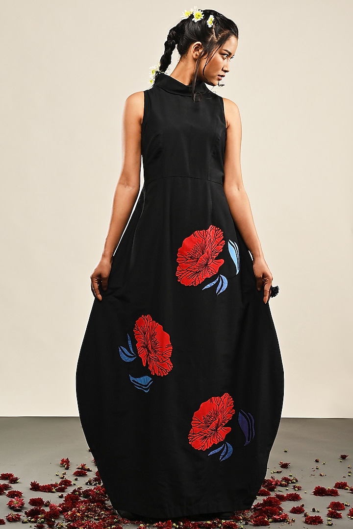 Black Cotton Silk Floral Applique Cocoon Dress by TAIKA by Poonam Bhagat