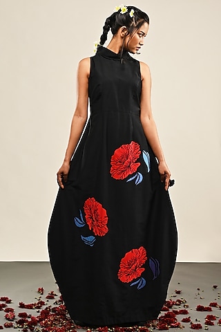 Black Cotton Silk Floral Applique Cocoon Dress by TAIKA by Poonam Bhagat