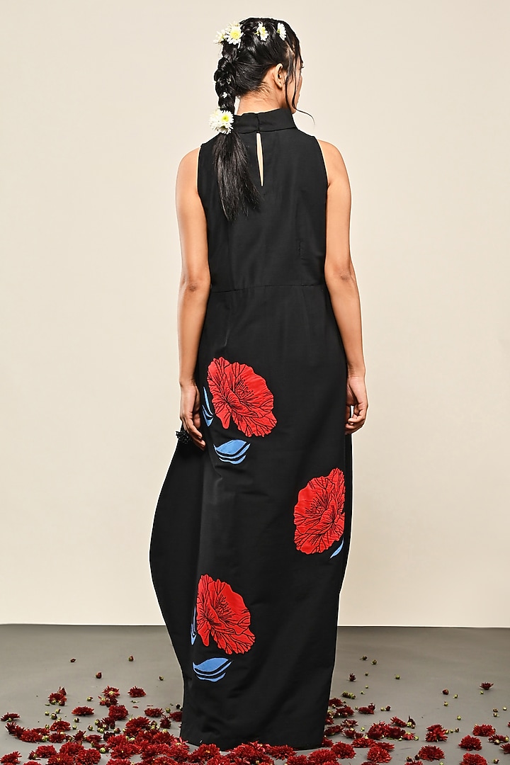 Black Cotton Silk Floral Applique Cocoon Vacation Dress by TAIKA by Poonam Bhagat at Pernia's Pop Up Shop