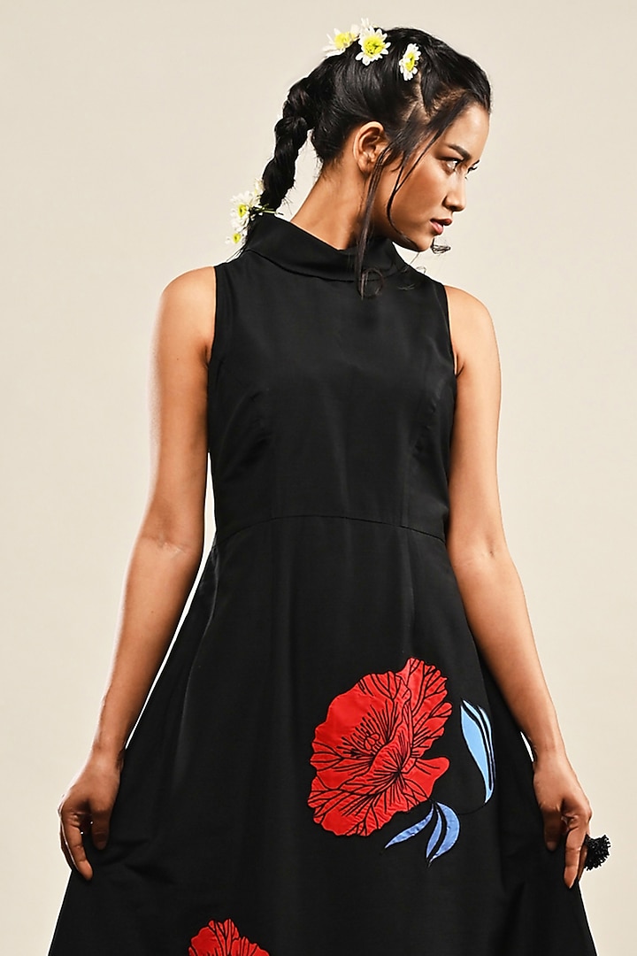 Black Cotton Silk Floral Applique Cocoon Vacation Dress by TAIKA by Poonam Bhagat at Pernia's Pop Up Shop