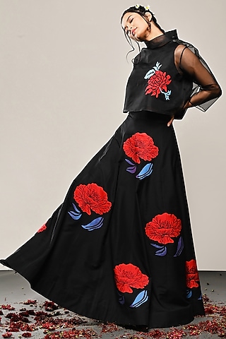 Black Organza Floral Embroidered Skirt Set by TAIKA by Poonam Bhagat