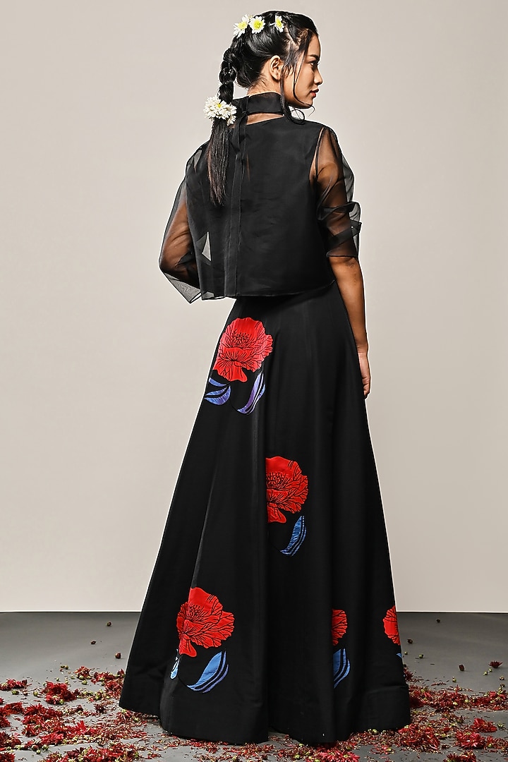 Black Organza Floral Embroidered Skirt Set by TAIKA by Poonam Bhagat at Pernia's Pop Up Shop