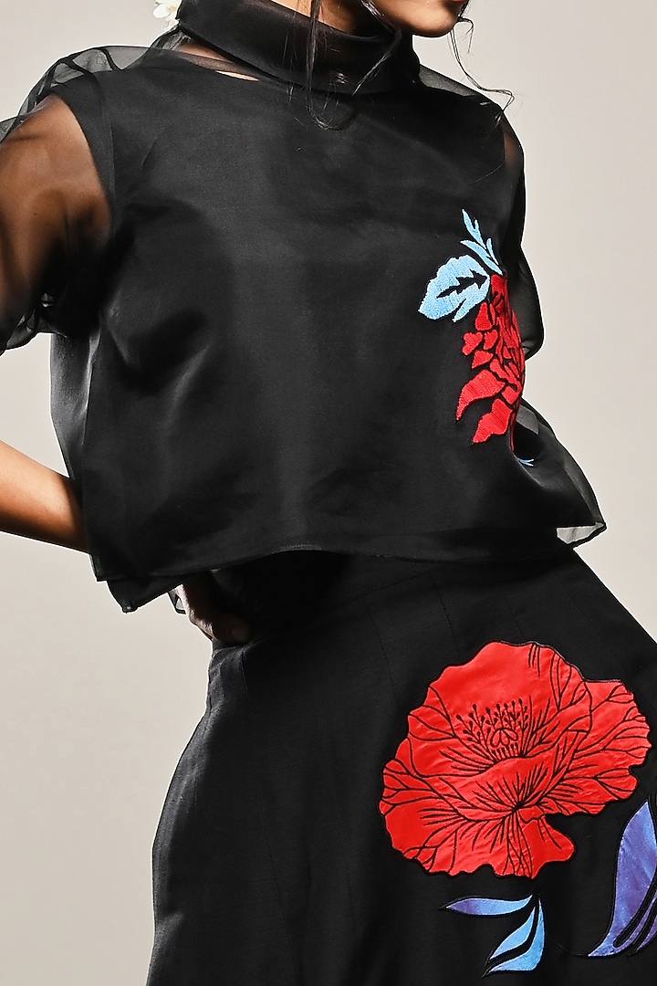 Black Organza Floral Embroidered Skirt Set by TAIKA by Poonam Bhagat at Pernia's Pop Up Shop