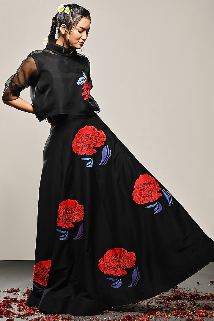 Black Organza Floral Embroidered Skirt Set by TAIKA by Poonam Bhagat at Pernia's Pop Up Shop