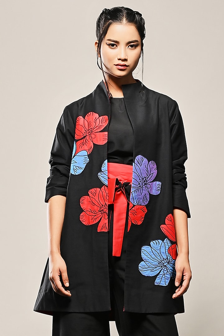 Black Cotton Silk Floral Applique Jacket by TAIKA by Poonam Bhagat