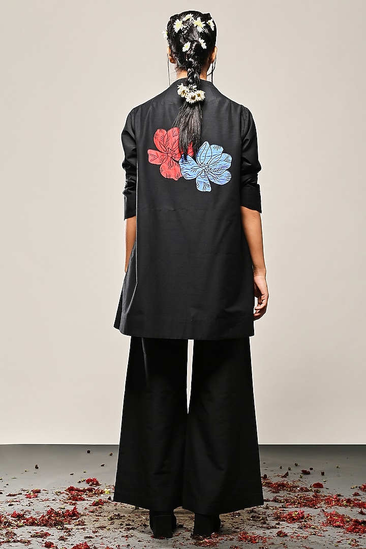 Black Cotton Silk Floral Applique Jacket by TAIKA by Poonam Bhagat at Pernia's Pop Up Shop