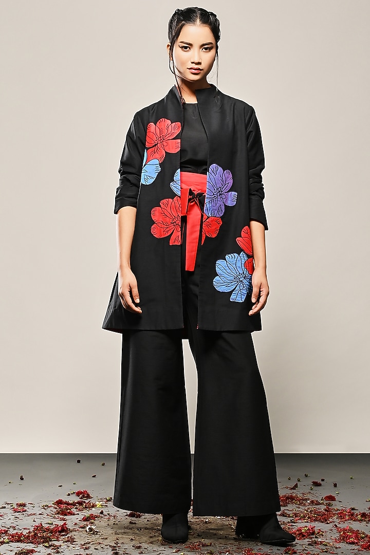 Black Cotton Silk Floral Applique Jacket by TAIKA by Poonam Bhagat at Pernia's Pop Up Shop