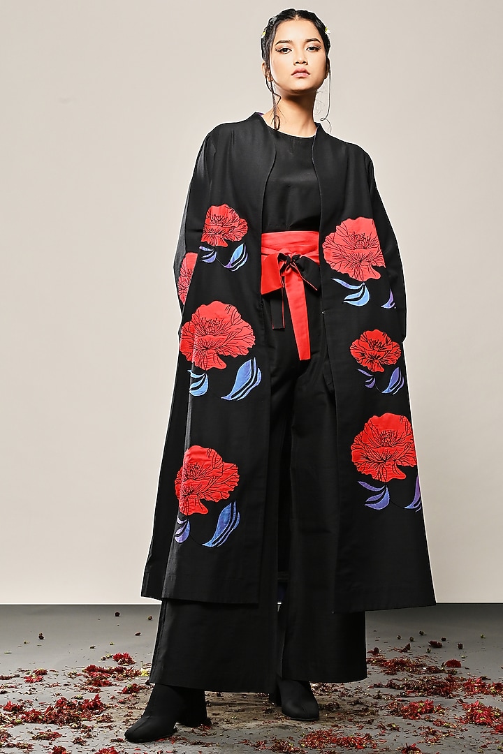 Black Cotton Silk Floral Applique Long Jacket by TAIKA by Poonam Bhagat at Pernia's Pop Up Shop