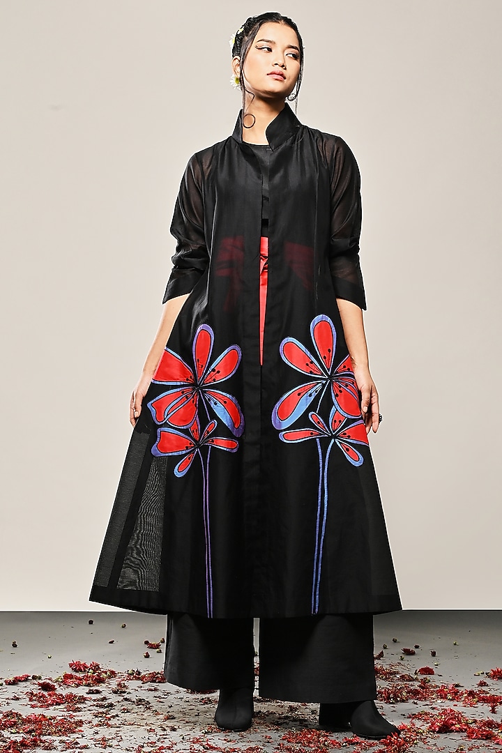 Black Chanderi Floral Applique Long Jacket by TAIKA by Poonam Bhagat