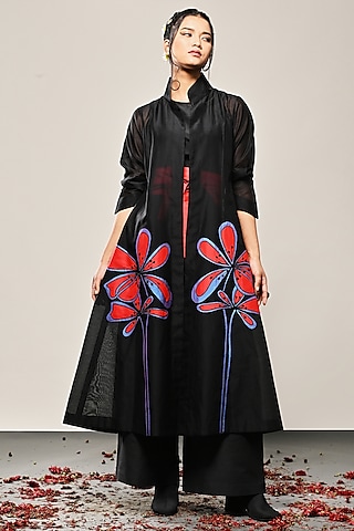 Black Chanderi Floral Applique Long Jacket by TAIKA by Poonam Bhagat