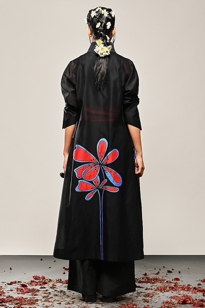 Black Chanderi Floral Applique Long Jacket by TAIKA by Poonam Bhagat at Pernia's Pop Up Shop