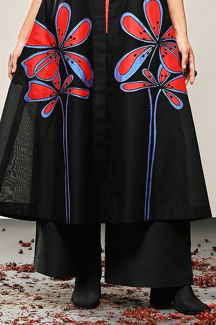 Black Chanderi Floral Applique Long Jacket by TAIKA by Poonam Bhagat at Pernia's Pop Up Shop