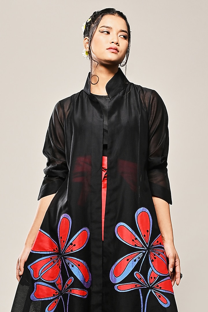 Black Chanderi Floral Applique Long Jacket by TAIKA by Poonam Bhagat at Pernia's Pop Up Shop