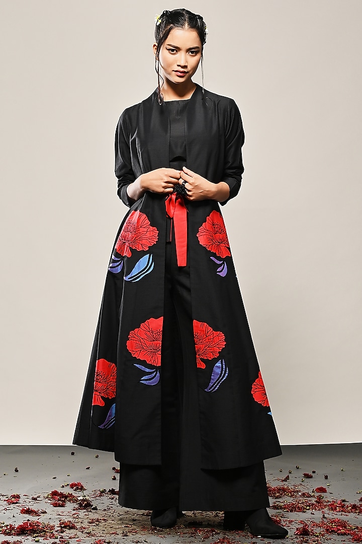 Black Cotton Silk Floral Applique Paneled Long Jacket by TAIKA by Poonam Bhagat