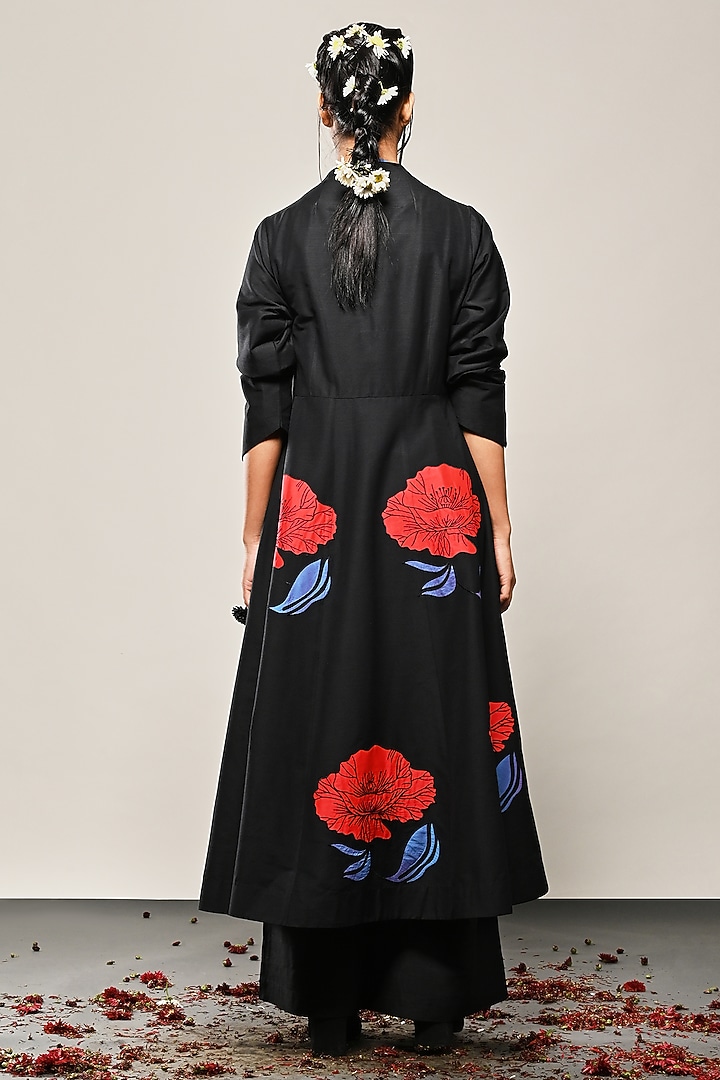 Black Cotton Silk Floral Applique Paneled Long Jacket by TAIKA by Poonam Bhagat at Pernia's Pop Up Shop