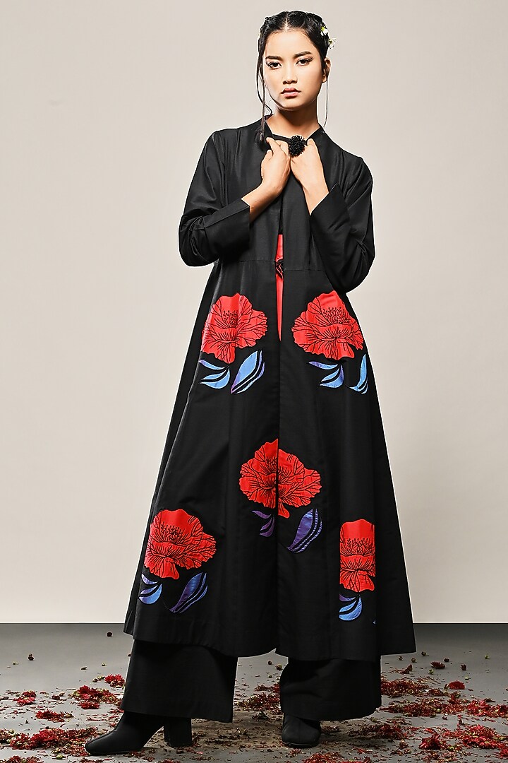 Black Cotton Silk Floral Applique Paneled Long Jacket by TAIKA by Poonam Bhagat at Pernia's Pop Up Shop