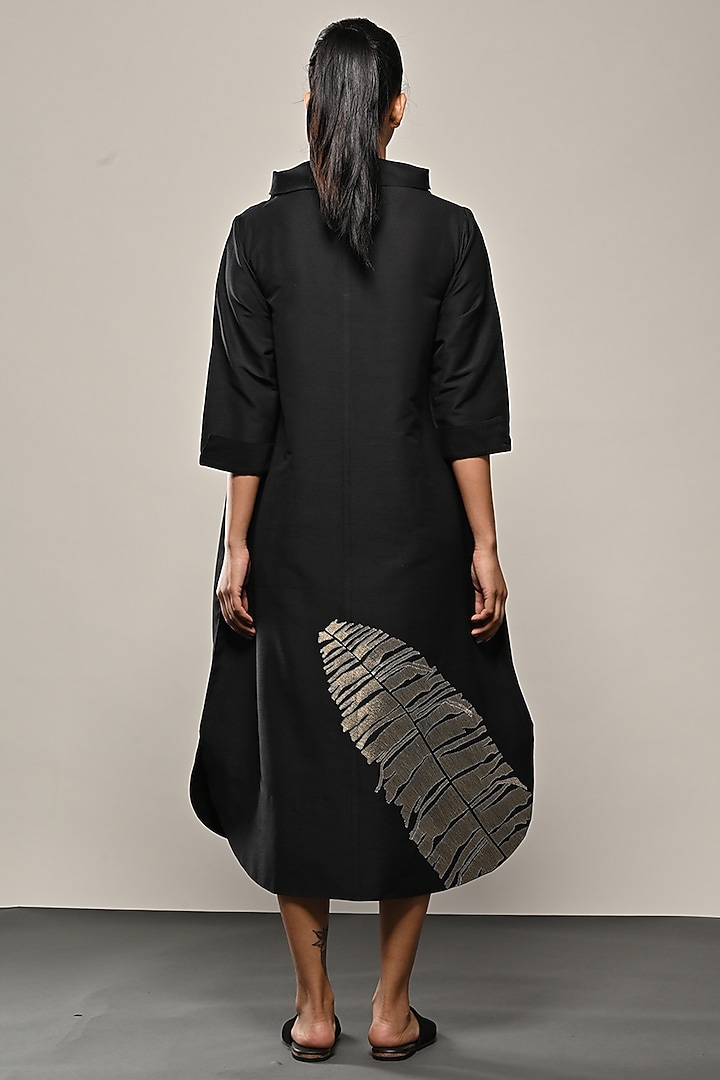 Black Cotton Silk Leaf Embroidered Midi Vacation Dress by TAIKA by Poonam Bhagat at Pernia's Pop Up Shop