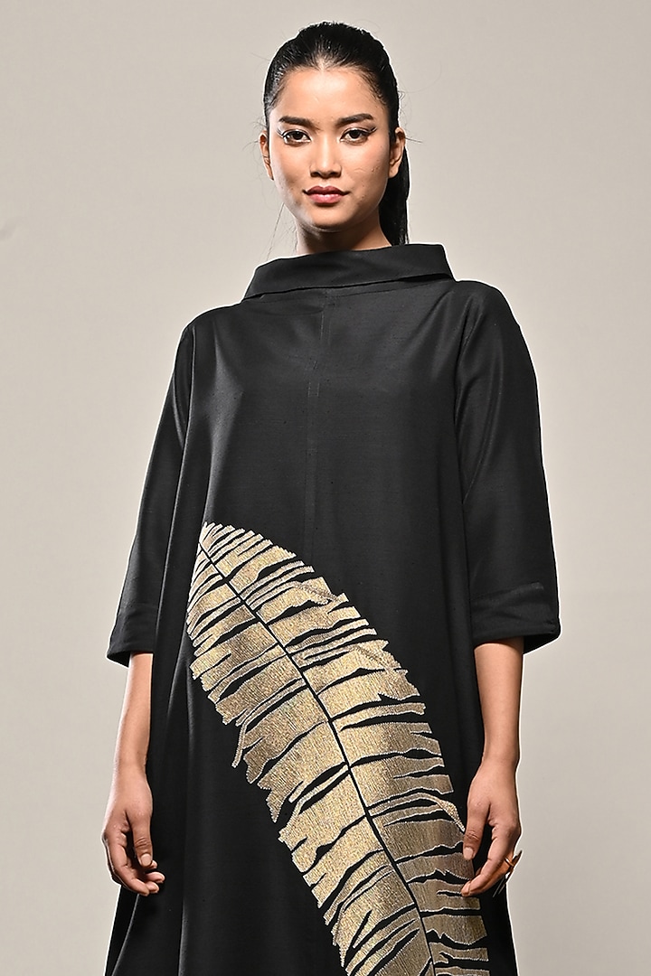 Black Cotton Silk Leaf Embroidered Midi Vacation Dress by TAIKA by Poonam Bhagat at Pernia's Pop Up Shop