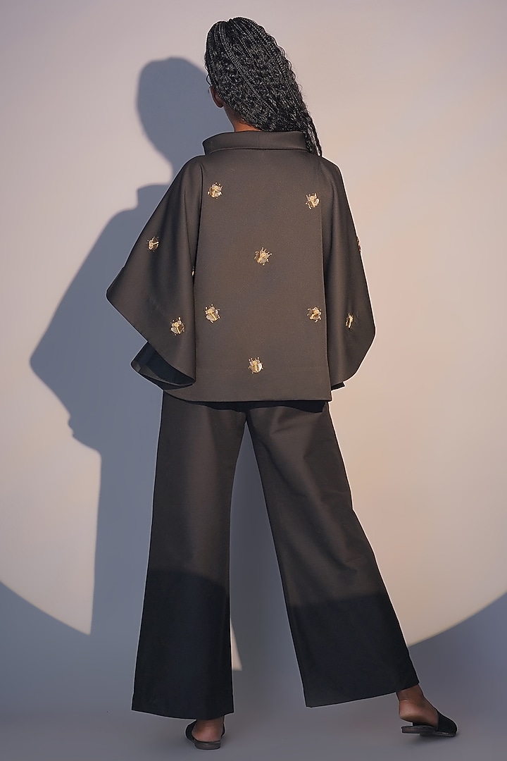 Black Banana Crepe Hand Embroidered Kimono Top by Taika By Poonam Bhagat at Pernia's Pop Up Shop