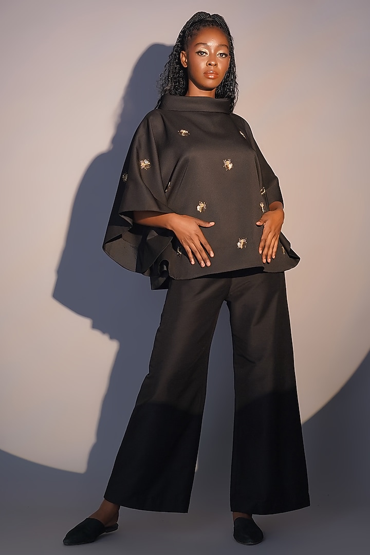 Black Banana Crepe Hand Embroidered Kimono Top by Taika By Poonam Bhagat at Pernia's Pop Up Shop
