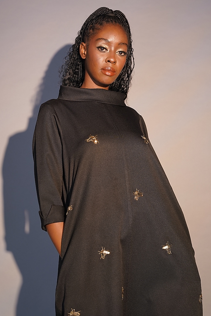 Black Banana Crepe Hand Embroidered Tunic by Taika By Poonam Bhagat at Pernia's Pop Up Shop