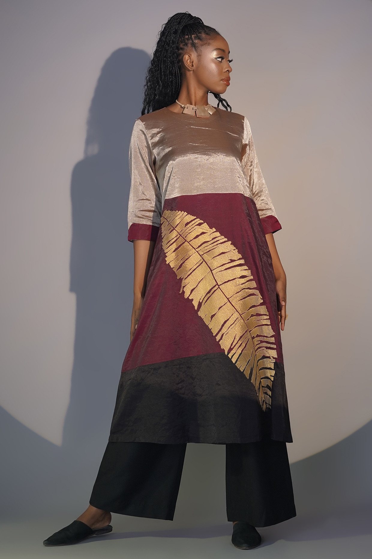 Silver & Ruby Chanderi Tissue Machine Embroidered Tunic Set by Taika By Poonam Bhagat at Pernia's Pop Up Shop