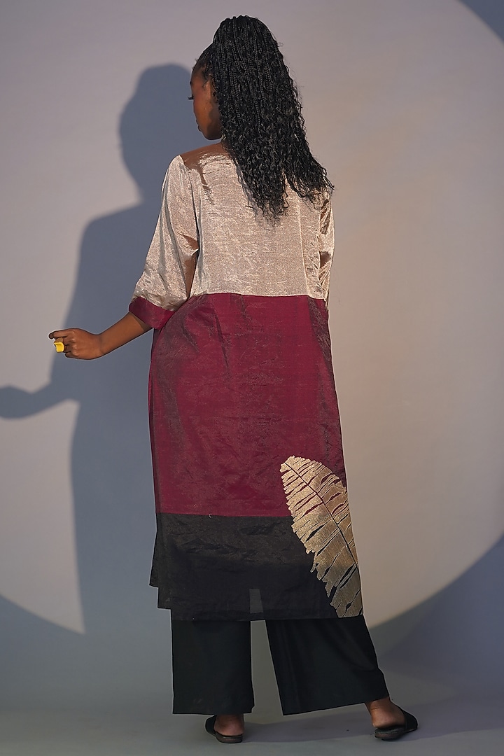 Silver & Ruby Chanderi Tissue Machine Embroidered Tunic Set by Taika By Poonam Bhagat at Pernia's Pop Up Shop