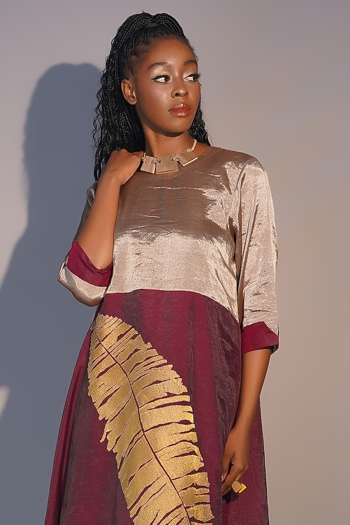 Silver & Ruby Chanderi Tissue Machine Embroidered Tunic Set by Taika By Poonam Bhagat at Pernia's Pop Up Shop