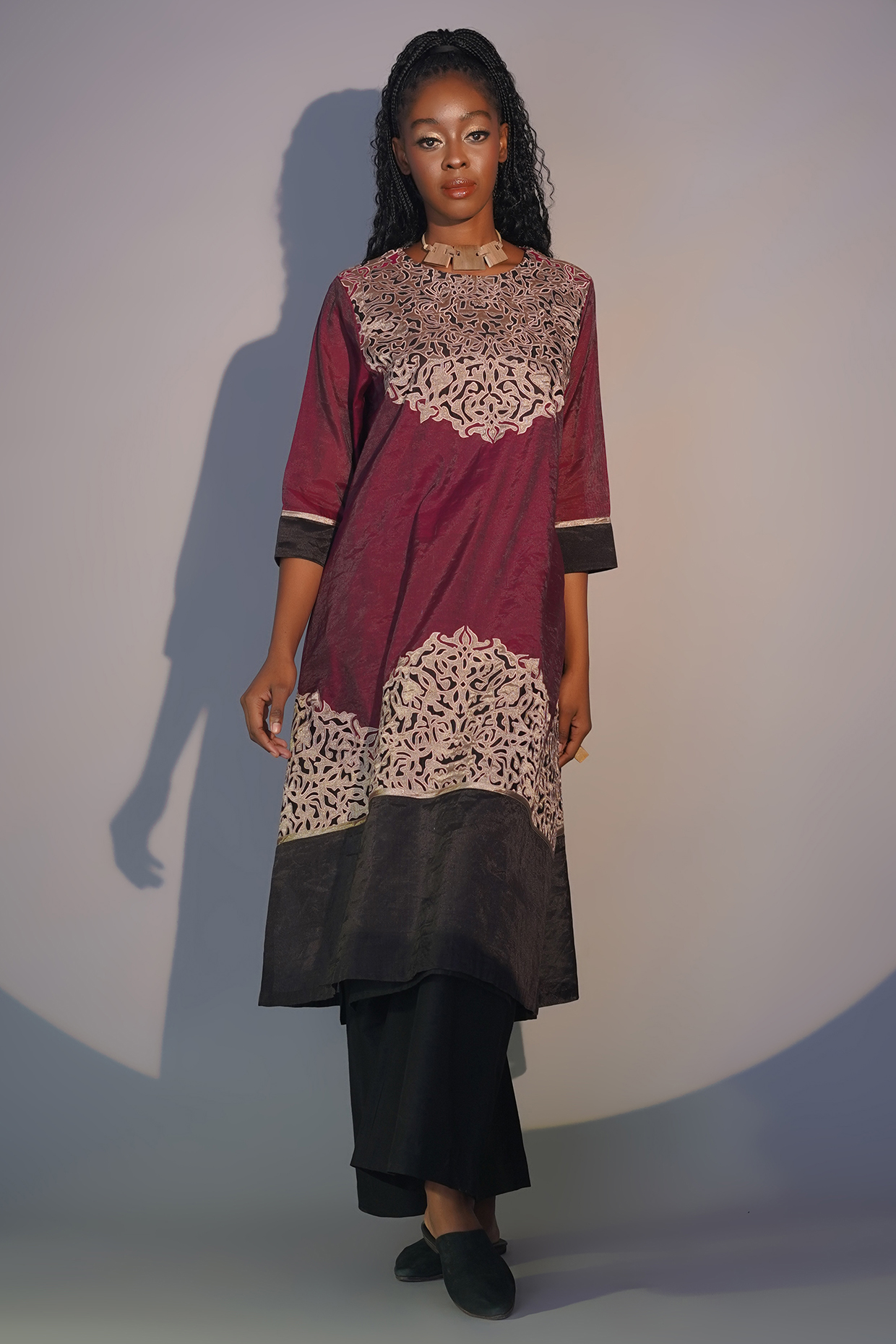 Bronze & Ruby Chanderi Tissue Machine Embroidered Tunic Set by Taika By Poonam Bhagat at Pernia's Pop Up Shop