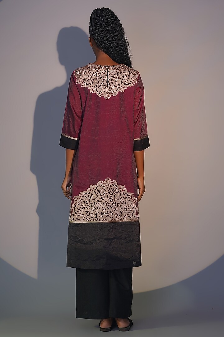 Bronze & Ruby Chanderi Tissue Machine Embroidered Tunic Set by Taika By Poonam Bhagat at Pernia's Pop Up Shop