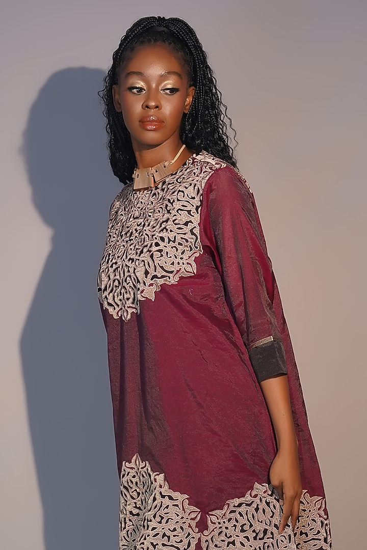 Bronze & Ruby Chanderi Tissue Machine Embroidered Tunic Set by Taika By Poonam Bhagat at Pernia's Pop Up Shop