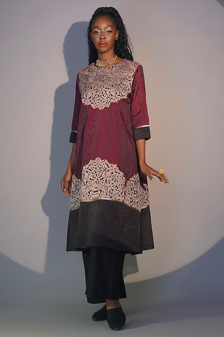 Bronze & Ruby Chanderi Tissue Machine Embroidered Tunic Set by Taika By Poonam Bhagat at Pernia's Pop Up Shop