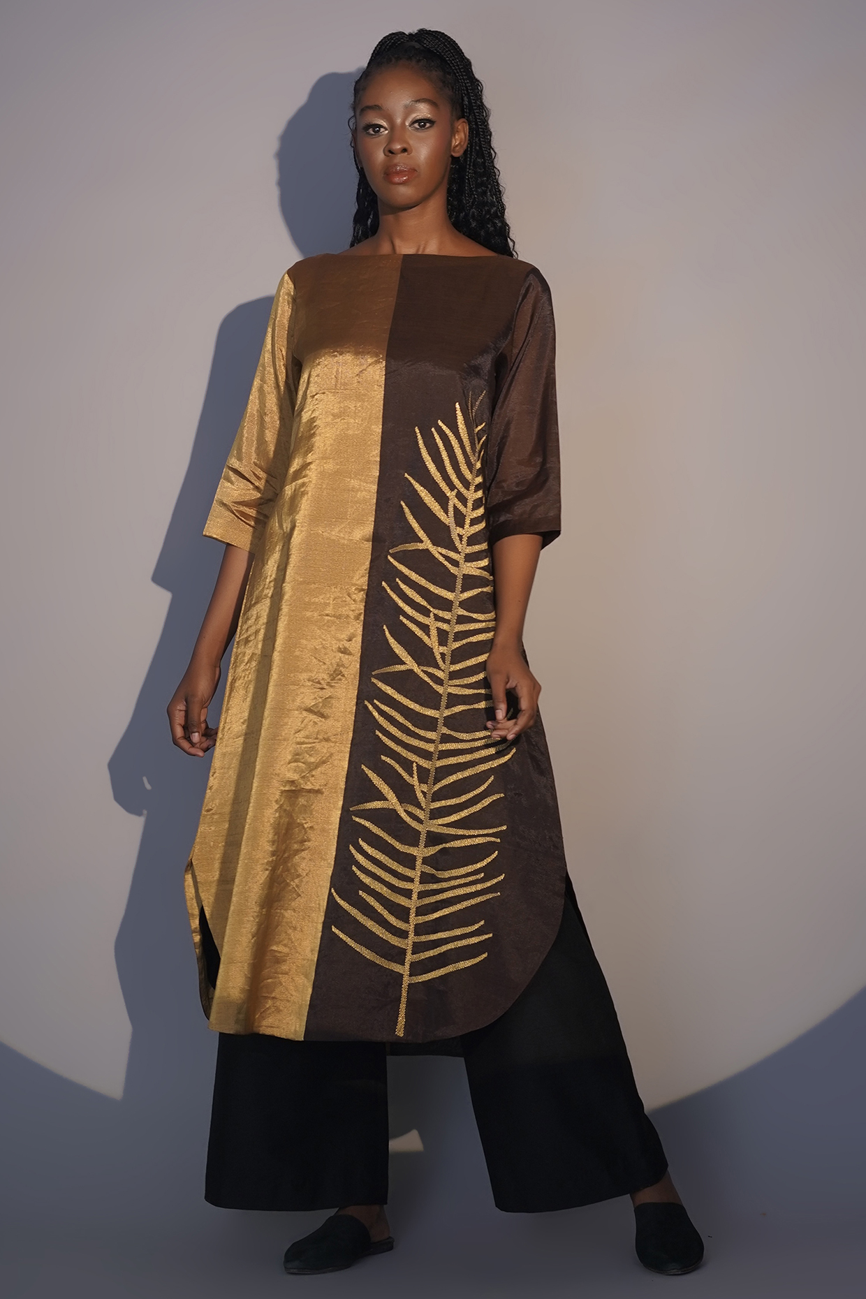 Bronze & Gold Chanderi Tissue Machine Embroidered Tunic Set by Taika By Poonam Bhagat at Pernia's Pop Up Shop