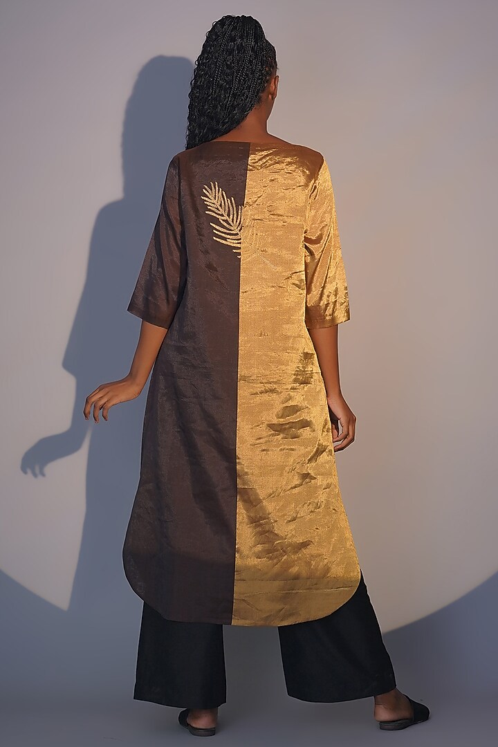 Bronze & Gold Chanderi Tissue Machine Embroidered Tunic Set by Taika By Poonam Bhagat at Pernia's Pop Up Shop