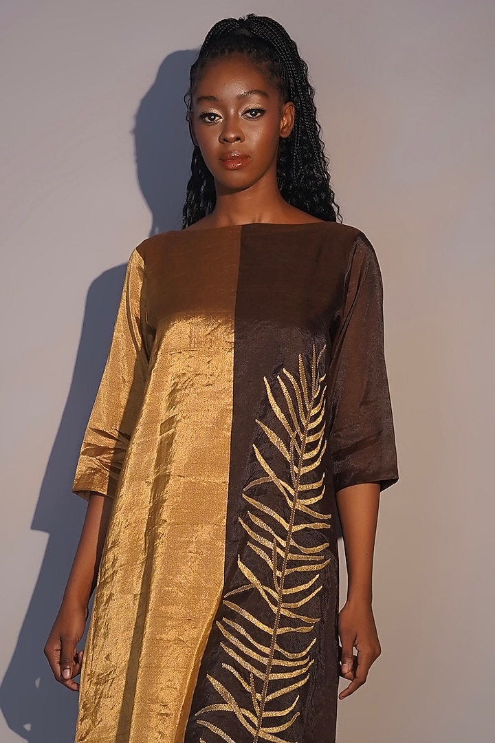 Bronze & Gold Chanderi Tissue Machine Embroidered Tunic Set by Taika By Poonam Bhagat at Pernia's Pop Up Shop