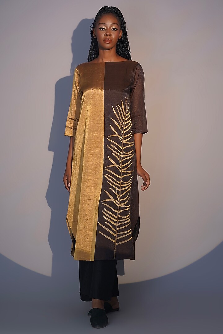 Bronze & Gold Chanderi Tissue Machine Embroidered Tunic Set by Taika By Poonam Bhagat at Pernia's Pop Up Shop