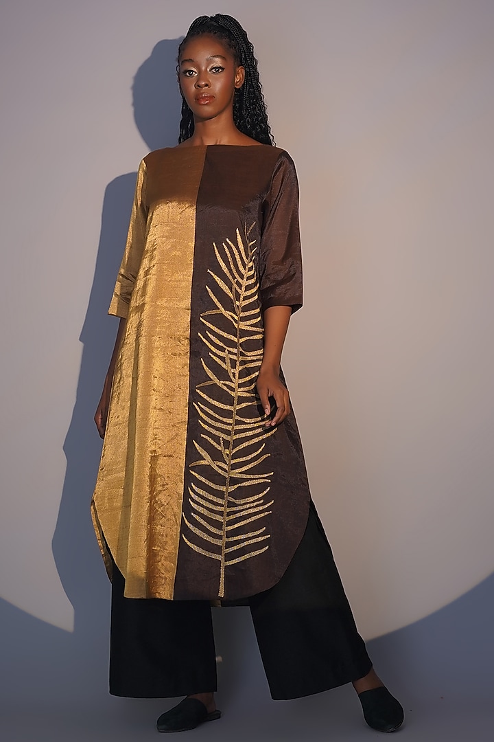 Bronze & Gold Chanderi Tissue Machine Embroidered Tunic Set by Taika By Poonam Bhagat at Pernia's Pop Up Shop