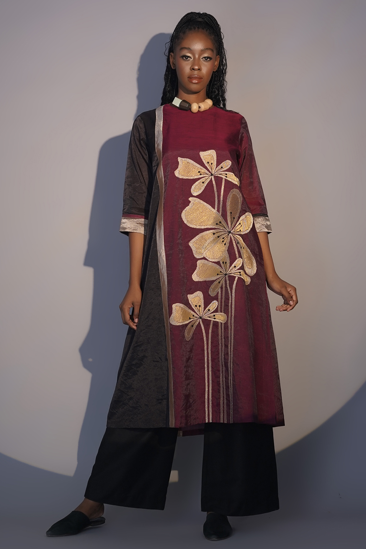 Bronze & Ruby Chanderi Tissue Machine Embroidered Tunic Set by Taika By Poonam Bhagat at Pernia's Pop Up Shop
